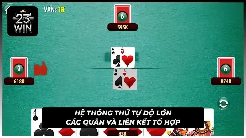 Minh họa các liên kết tổ hợp hợp lệ bao gồm bộ đôi, sám cô, tứ quý và sảnh dọc liên tiếp.