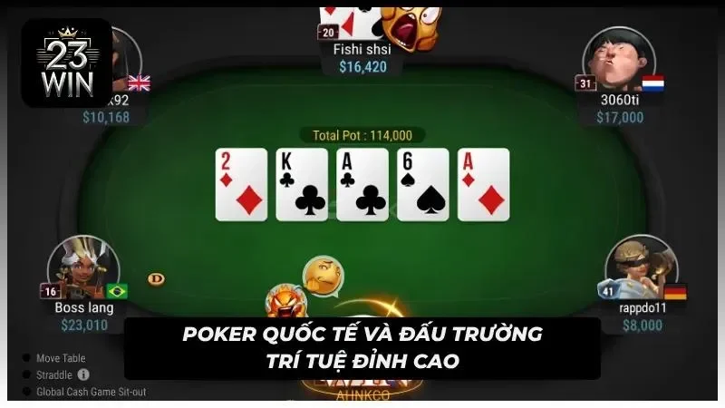 Minh họa các chip cược và tổ hợp bài Poker chuẩn quốc tế.